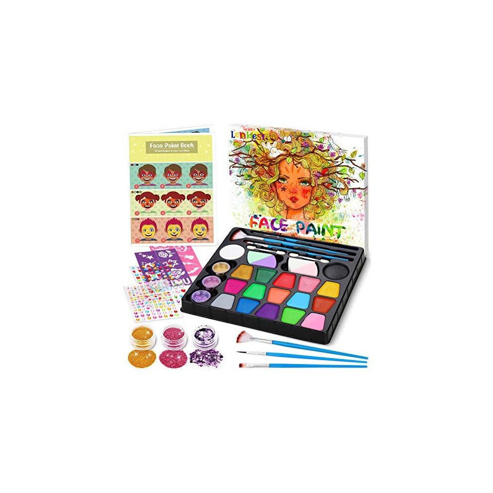 lenbest Face Paint Kit for Kids - 17 Color Face Painting Set Professional Palette Washable - 5 Metallic Colors | 3 Glitter for Halloween Party Ca