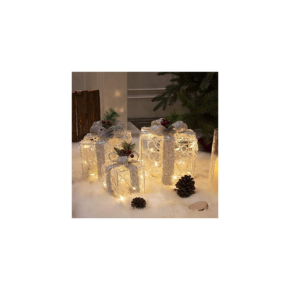 EAMBRITE 3PK Light up Present Boxes Silver Gift Boxes with Warm White Lights Plug in for Christmas Decorations Home and Outdoor Décor