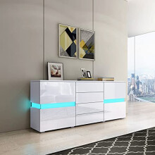 Sideboard High Gloss Sideboard for Living Room Modern Sideboard Cabinet Display Cabinet with LED Lights 2 Doors 4 Drawers Home Furniture (Wh