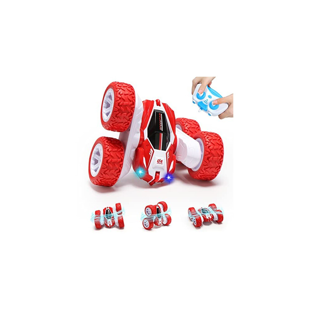 Oderra Remote, 4WD Rc Stunt 360  Double Side Flips, 2.4Ghz Radio Controlled Cars with Rechargeable Battery Boy Girl Toy Gift, Red