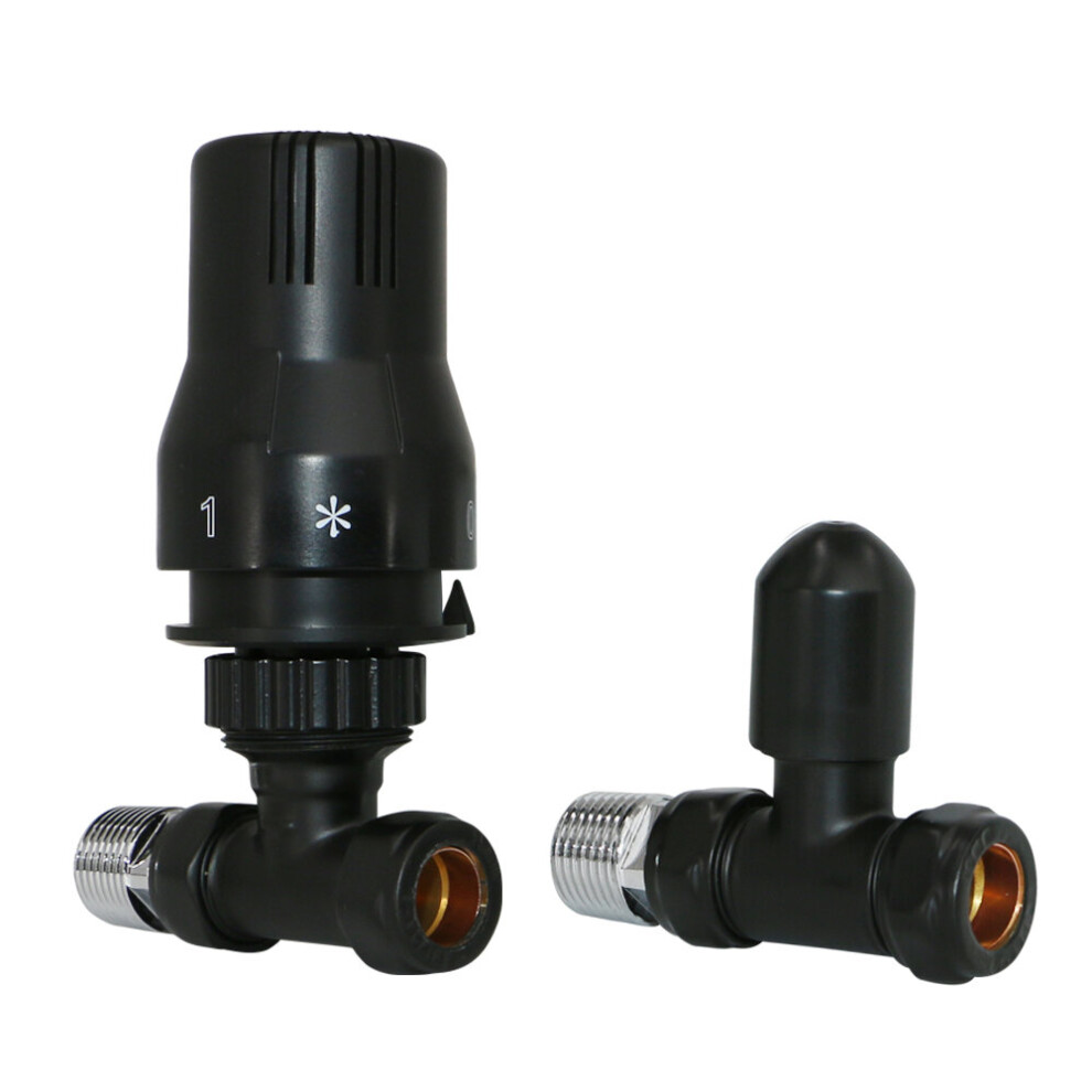 Pair of Black Straight Thermostatic Manual Radiator Valves 15mmx 1/2"