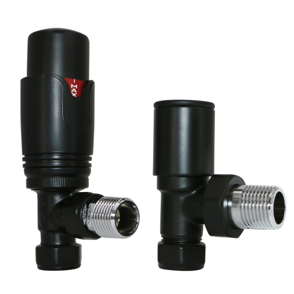 Thermostatic TRV Manual Radiator Valves Angled 15mm x 1/2" One Pair Black