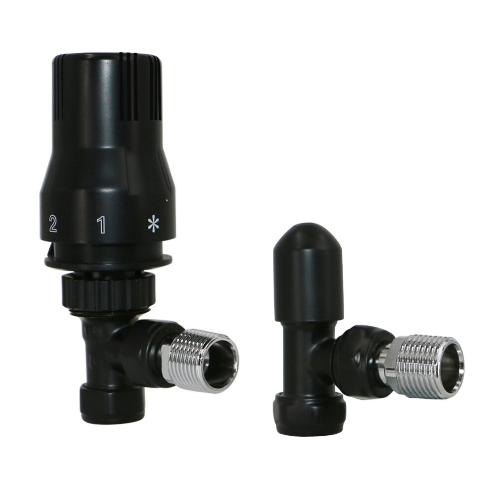 Angled Thermostatic Manual Radiator Heated Towel Rail Valves Black One Pair