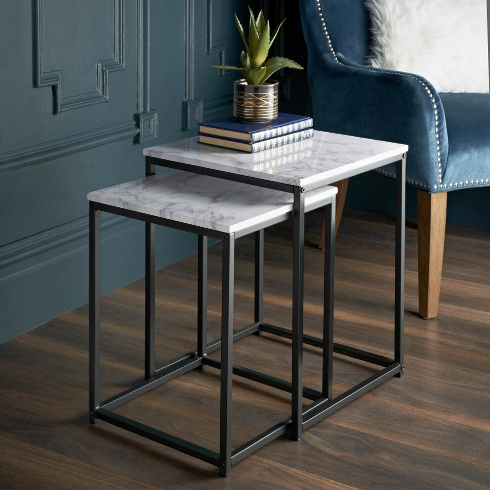 Nest Of 2 Tables Living Room Furniture Side End Marble Effect With Metal Frame