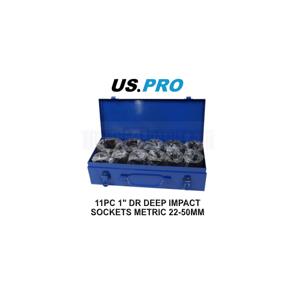 Us Pro Tools 11Pc 1" Dr 6Pt Deep Impact Sockets Metric 22 - 50Mm 3969