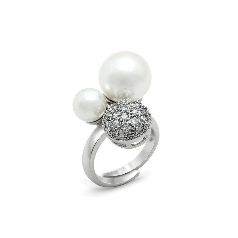 Rhodium Brass Ring with Synthetic Pearl, White - Size 6-image-OPC-PB6TXR9-NEW