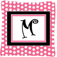 Letter M Initial Monogram - Pink Black Polka Dots Indoor & Outdoor Fabric Decorative Pillow