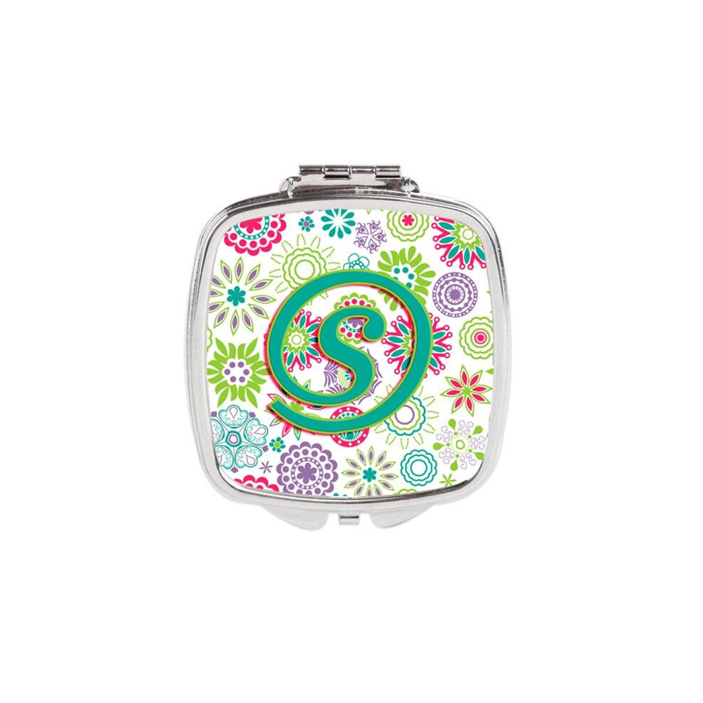 Awesome Apparel Pink/Green Letter S Flowers Teal Initial Compact Mirror