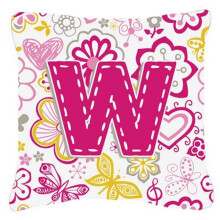 Letter W Flowers And Butterflies Pink Canvas Fabric Decorative Pillow
