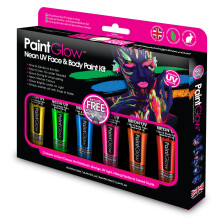 PaintGlow Neon UV Face & Body Paint Kit - 6x 13ml Neon UV Paints, UV Light, Brush, Sponge, Palettes & Tutorial