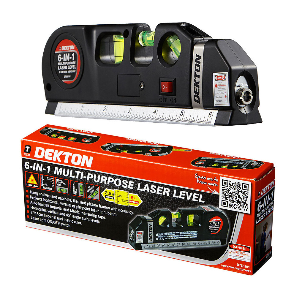 Dekton 6 In 1 Laser Level Bubble Spirit Level Tape Measure Metric Tape Ruler Light