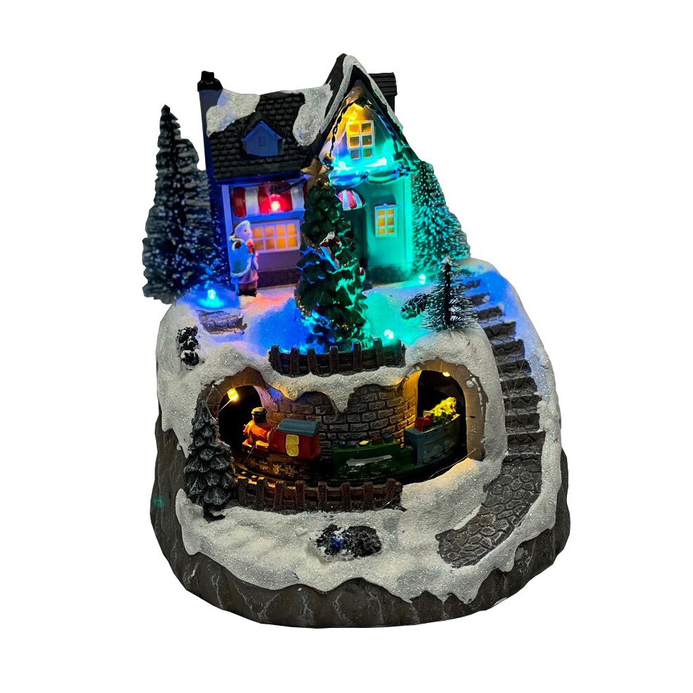Christmas House & Tree Scene Ornament with Lights Moving Train & Sound