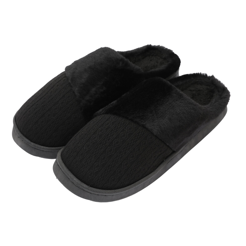 (BLACK SLIPPER) WOMENS FAUX FUR WARM LINED COMFY HARD SOLE OUTDOOR