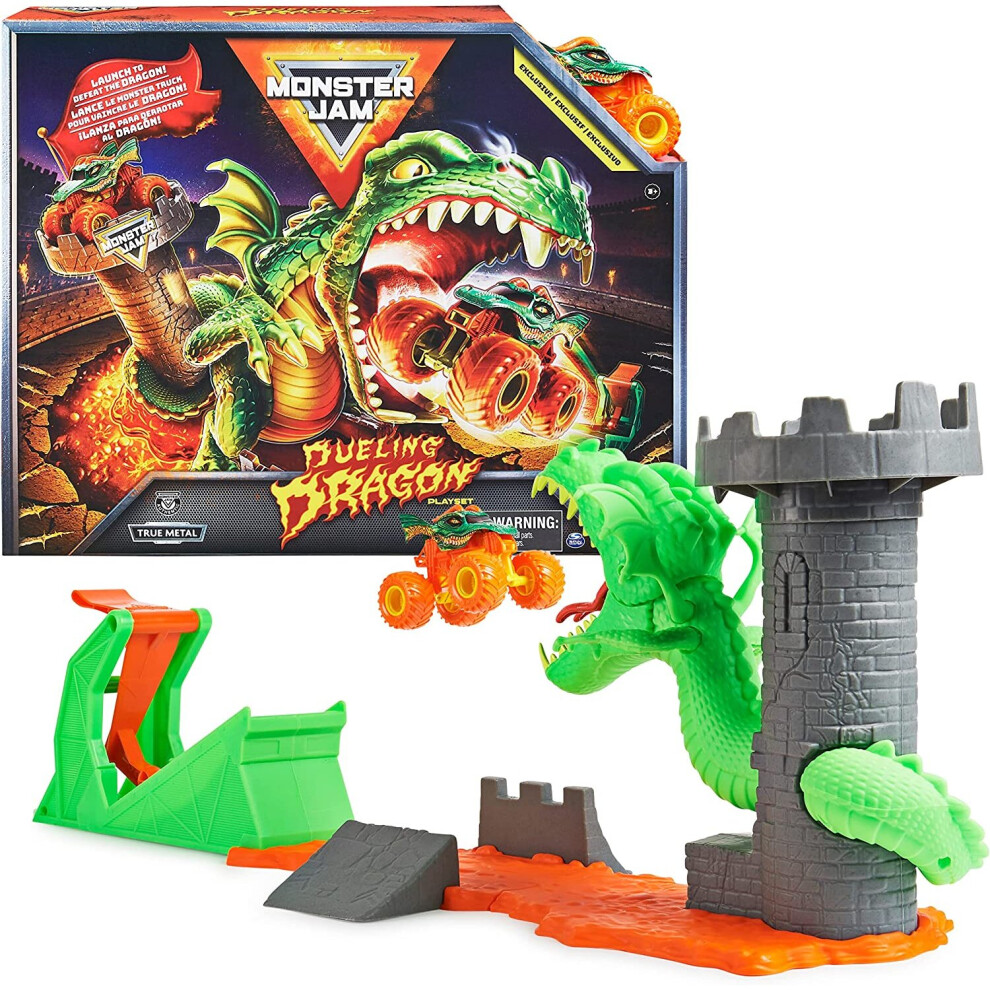 Monster Jam 1:64 Dueling Dragon Stunt Playset With Exclusive Dragon Truck – Launch, Jump Lava, Defeat Dragon