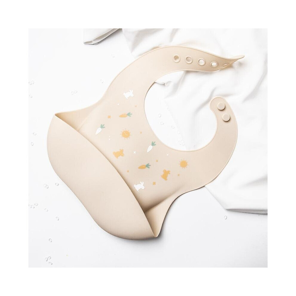 (Beige) Baby Silicone Bib Waterproof Feeding Eating Bibs Washable Soft Meal Pocket Beige