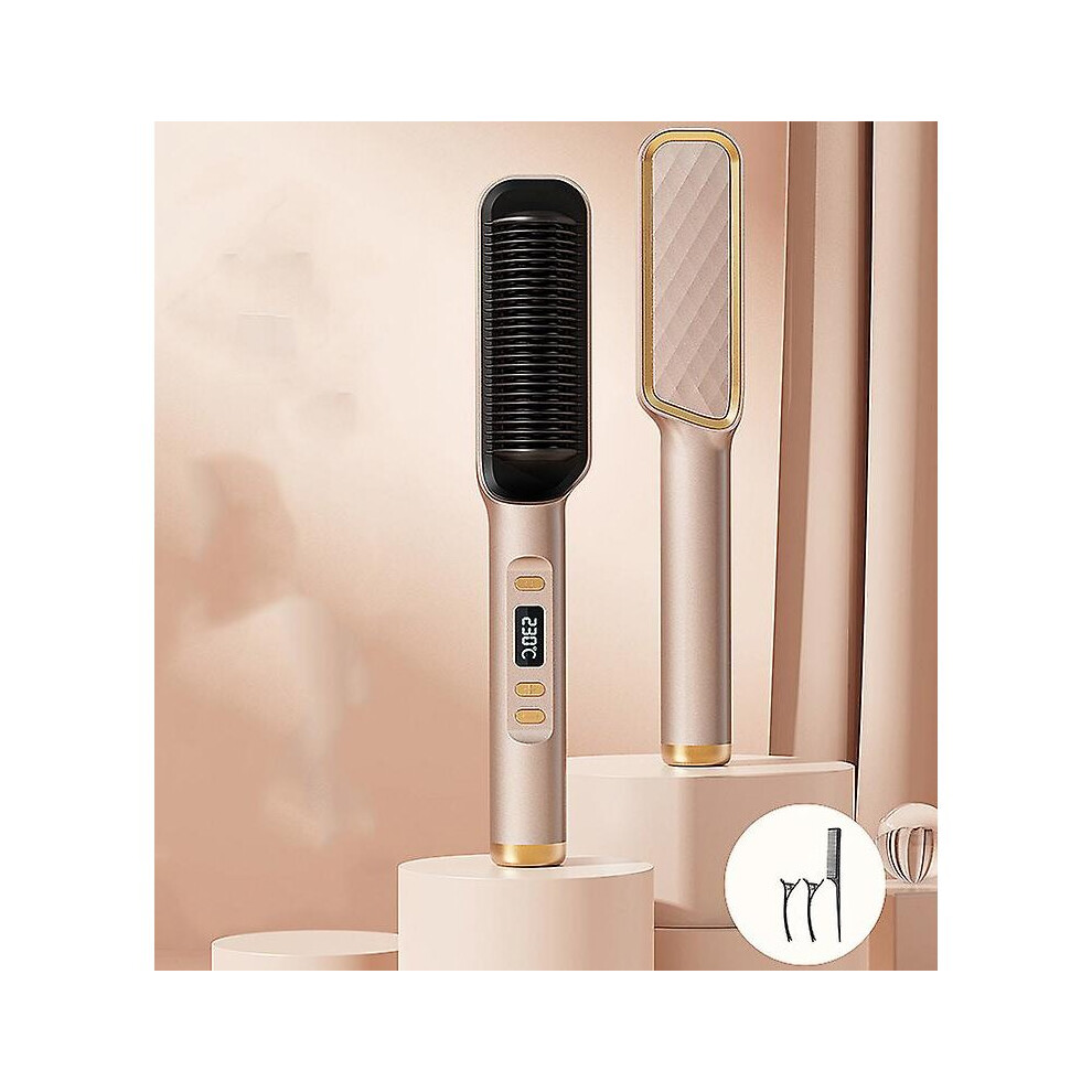 Gold (Champagne Eu Plug) Hair Straightener Brush Portable Electric Hair Curler With Adjustable Temperature