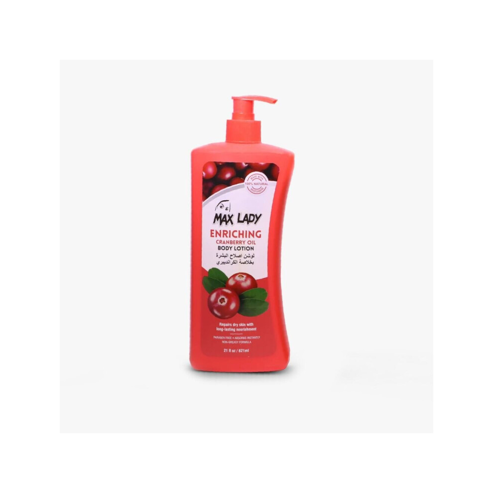 Max Lady Enriching Cranberry Oil Body Lotion 621mL | Moisturizer, Skin Nourishing, Hydrating, Antioxidant-Rich, Softens & Revitalizes Skin