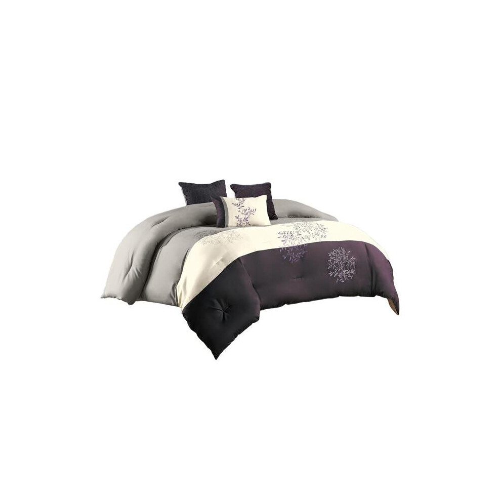 Polyester Comforter Set with Leaf Embroidery, Gray & Purple - King Size - 7 Piece