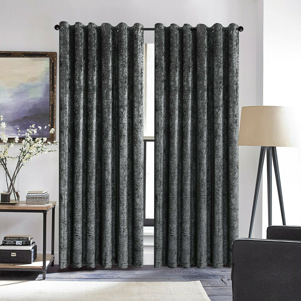 (Charcoal, 66" width x 90" drop - 168cm width x 228cm drop.) Velvet Curtain Pair Eyelet Ring Top Curtains with Tie Backs