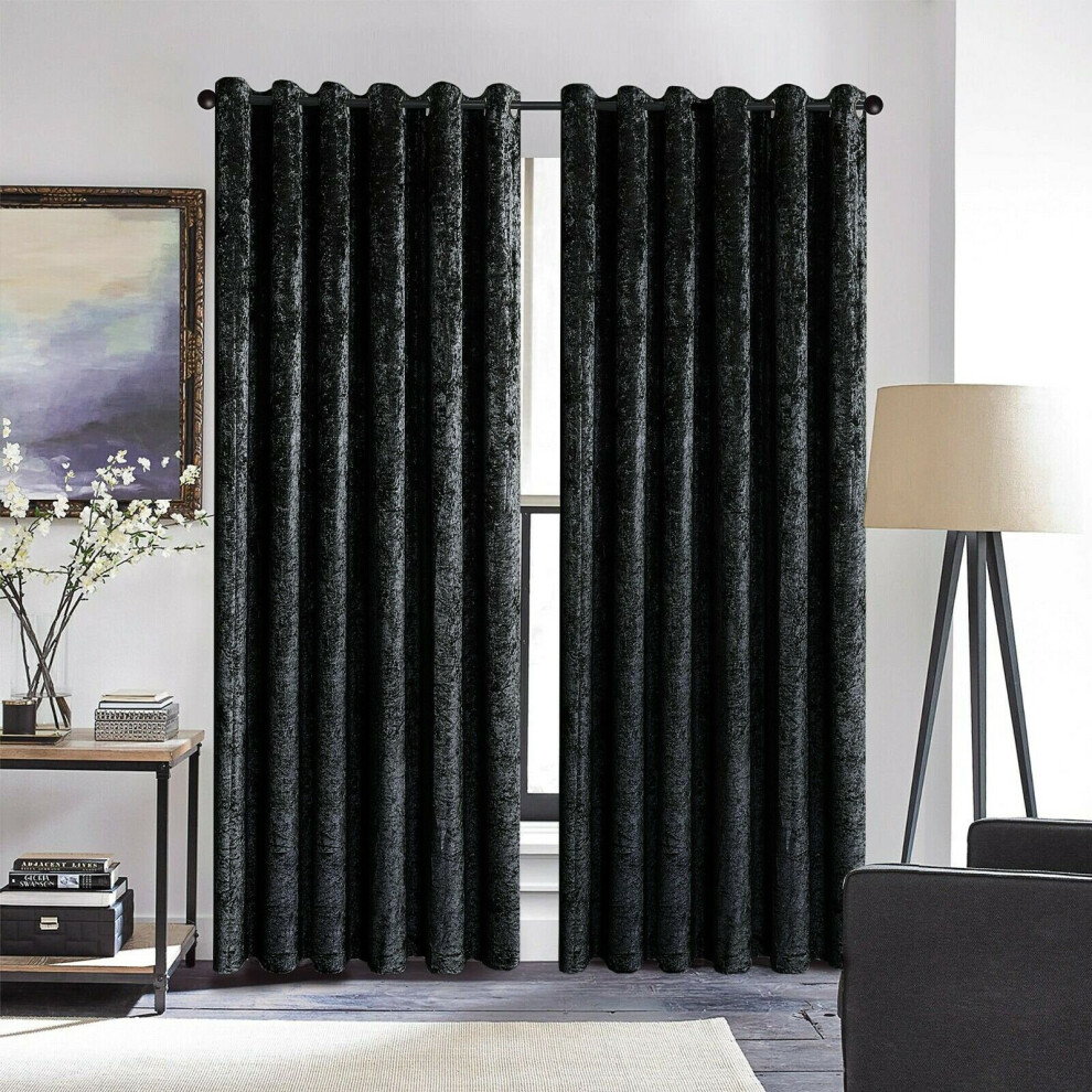 (Black, 66" width x 72" drop - 168cm width x 183cm drop.) Velvet Curtain Pair Eyelet Ring Top Curtains with Tie Backs