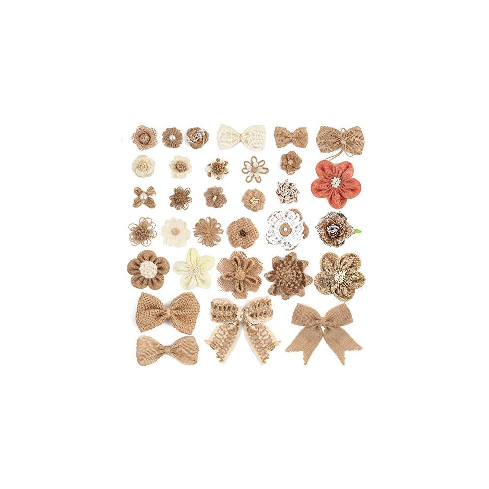 VGOODALL 32 STUKS Natuurlijke Jute Bloemen Set Jute Kant Bloemen Strik voor Bruiloft Feest Decor Huis Versiering DIY Ambachten