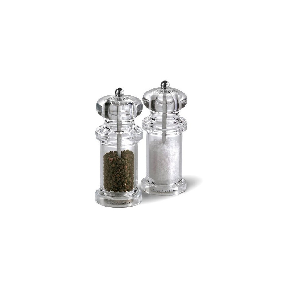 COLE & MASON 505 Salt and Pepper Grinder Set - Clear Acrylic Mills Includes Precision Mechanisms and Premium Sea Salt and Peppercorns