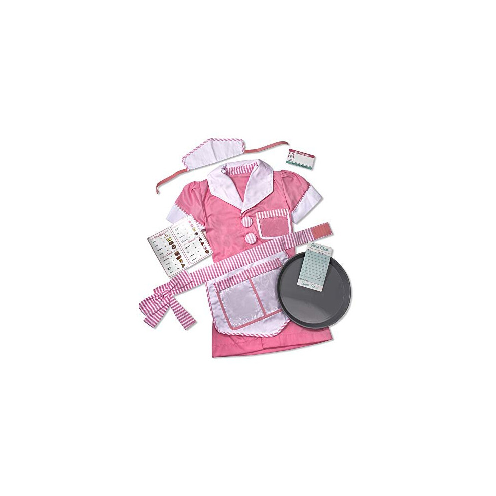 Melissa & Doug Waitress Role Play Costume Set (7 pcs) - Includes Apron, Order Pad, Cap Pink 3-6 years 