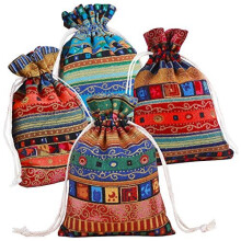 Ethnic Style Drawstring Gift Bag 5x7" Cotton Reusable Grocery Bags (12pcs) - Pinowu Jewelry Coin Pouches Biodegradable Eco-Friendly Sachet Bags for Ca