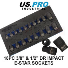 US PRO INDUSTRIAL 18pc 3/8" & 1/2" dr Impact E-Torx E-Star Sockets Set E5 - E24 3919