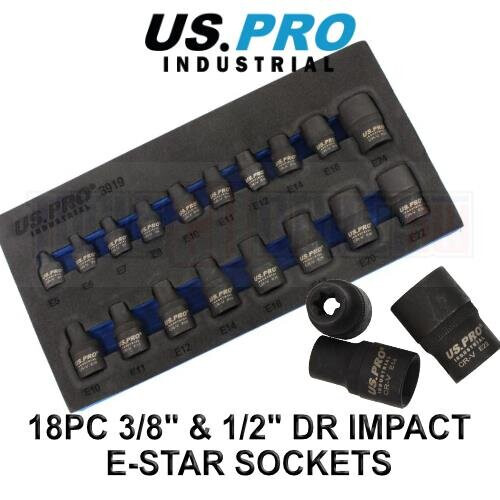 US PRO INDUSTRIAL 18pc 3/8" & 1/2" dr Impact E-Torx E-Star Sockets Set E5 - E24 3919