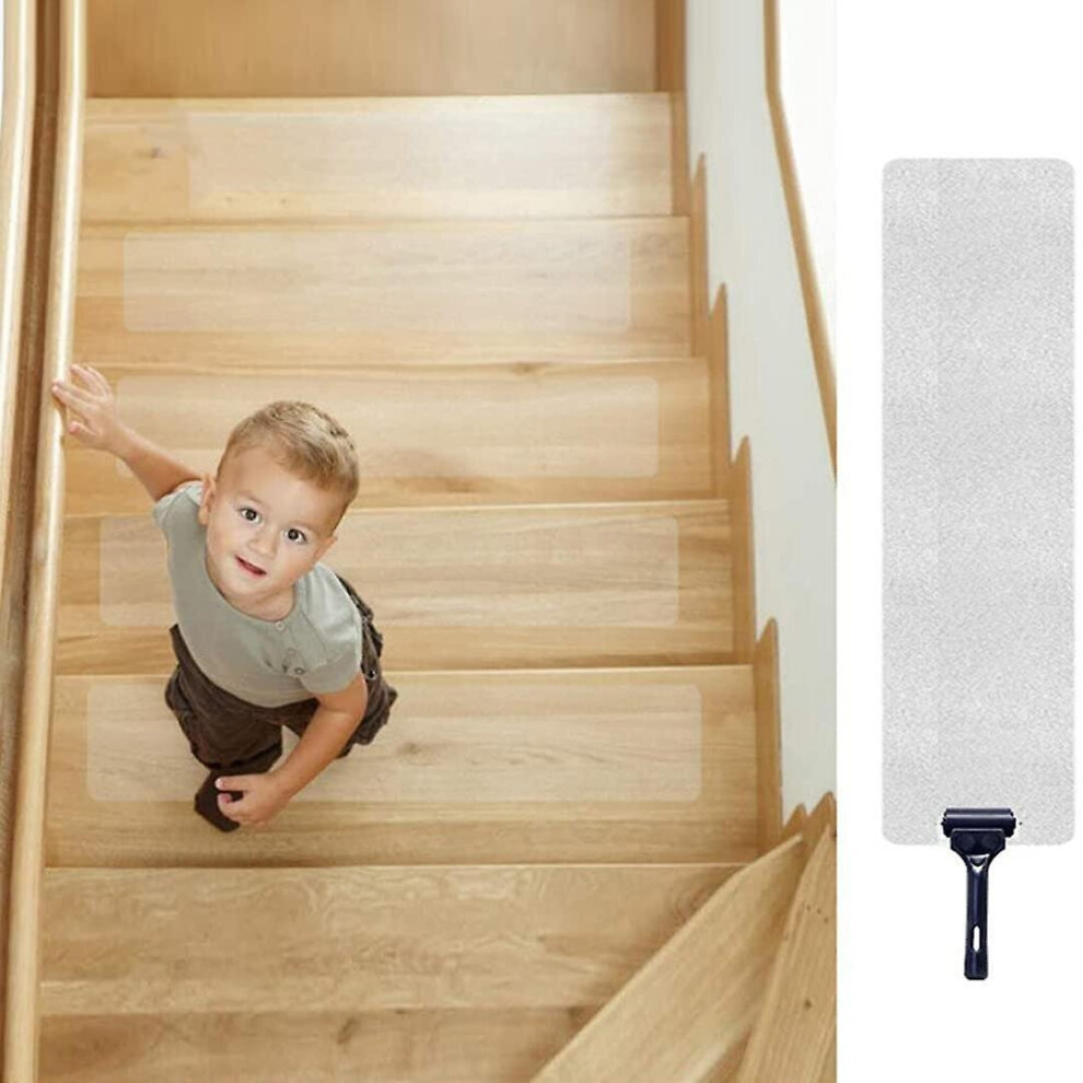 (Transparent) 15pcs Non Slip Stair Treads Waterproof Peva Safety Tape Floor Sticker With Roller