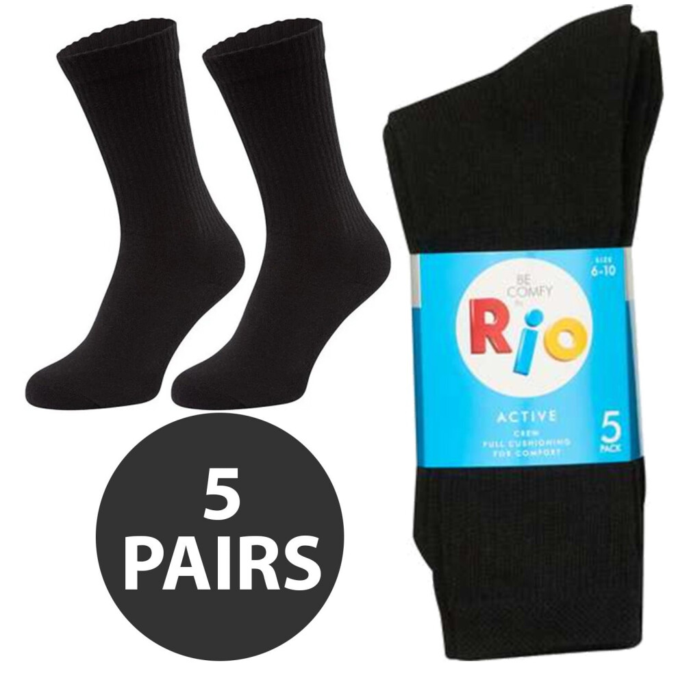 (6-10) Rio 5 Pairs Men Business Work Cushion Crew Above Ankle Socks Black Bulk S7266W