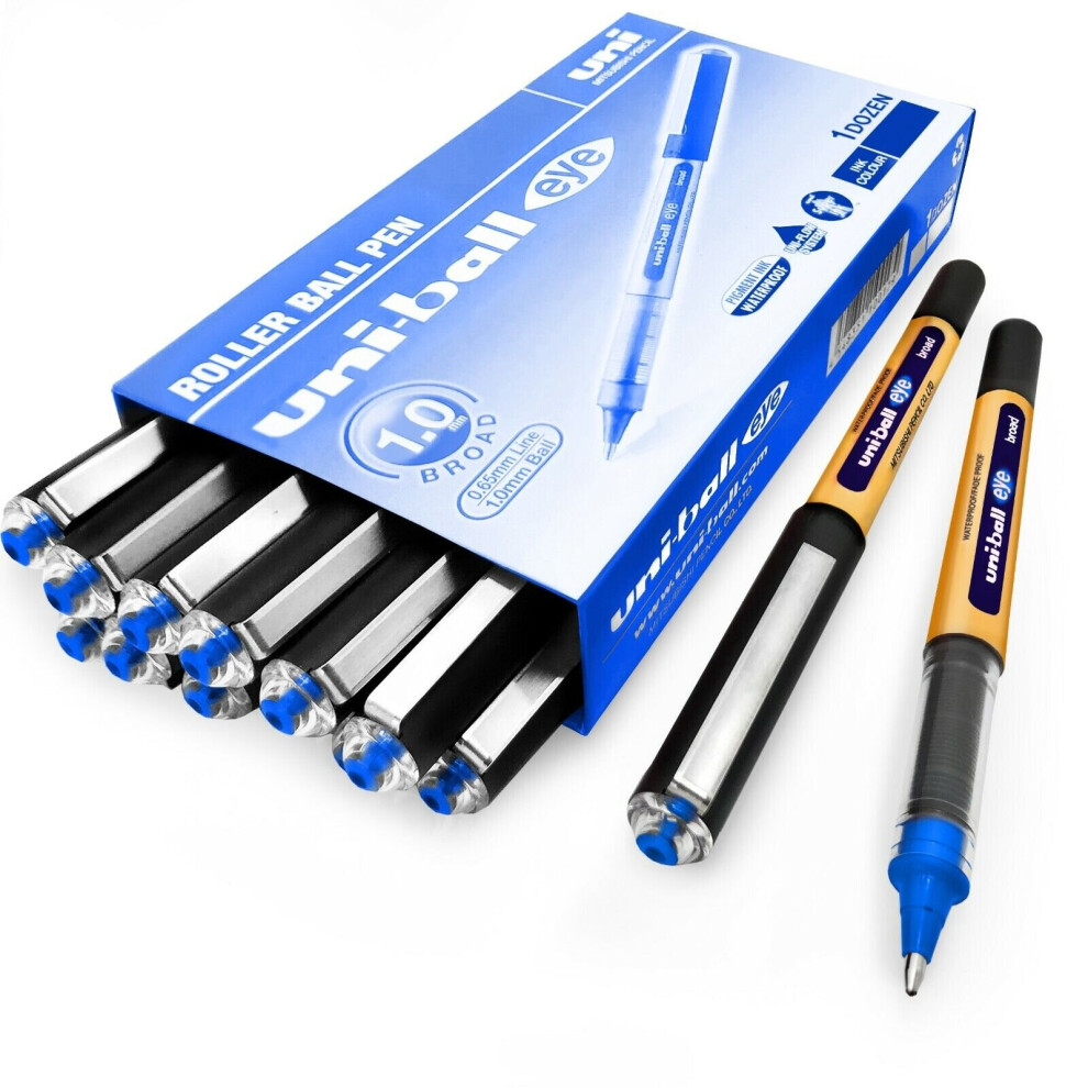 Uni-Ball Eye UB-150-10 Broad Liquid Ink Rollerball Pens - 1.0mm - Blue - Pack of 12 + 2