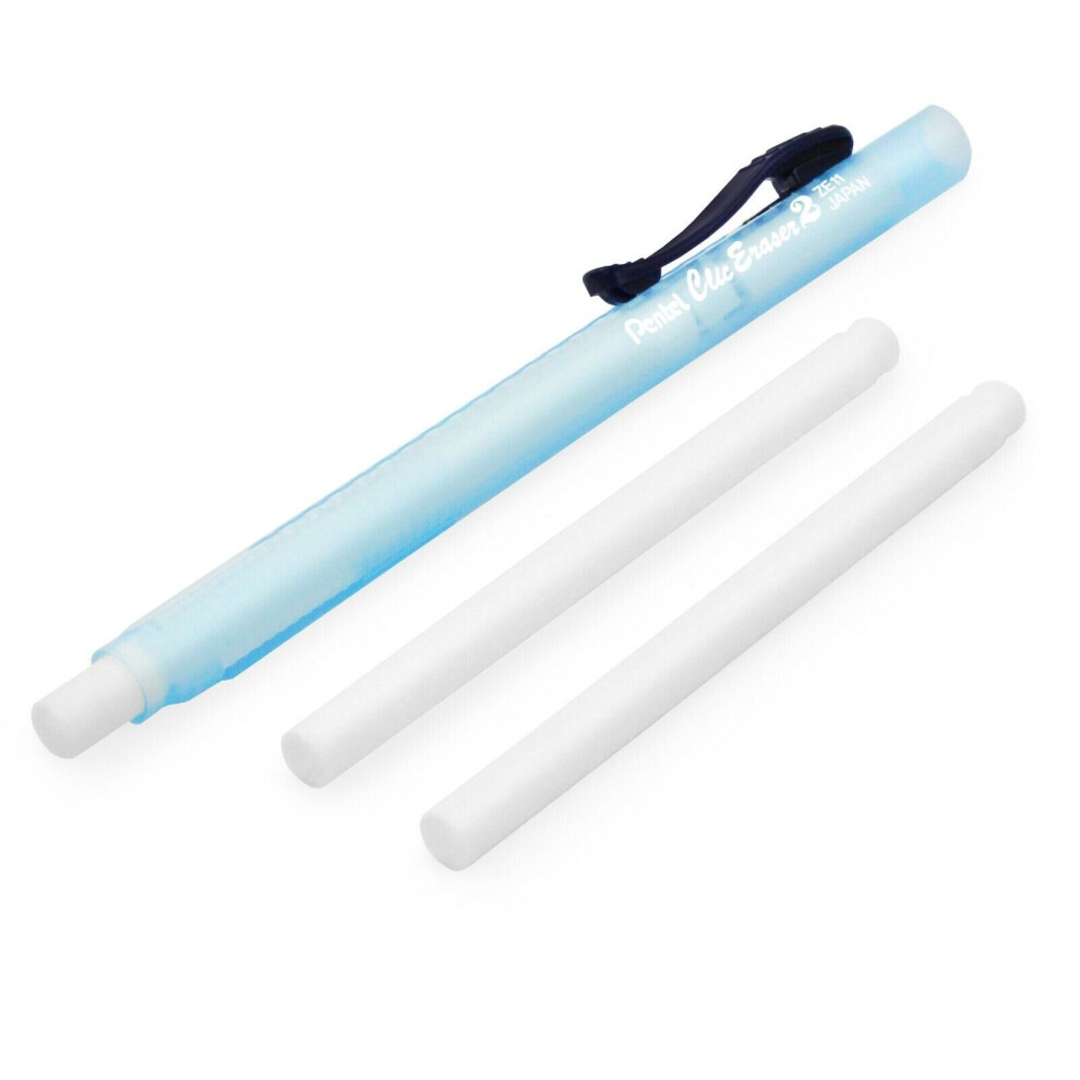 Pentel Clic Stick Eraser Rubber Holder - Barrel + 2 Clic Eraser Refills Blue/White