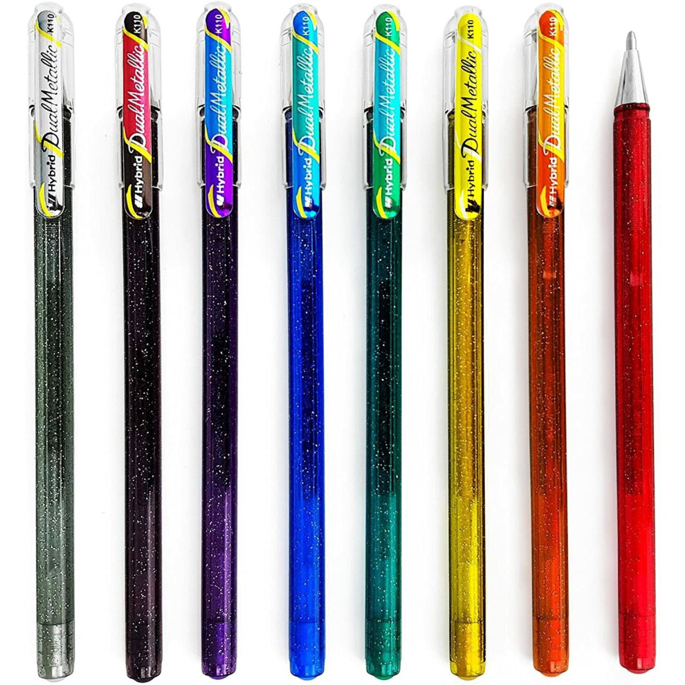 Pentel Hybrid - Dual Metallic Pens - Liquid Gel Rollerball Pens - K110 - Set of 8 Colours