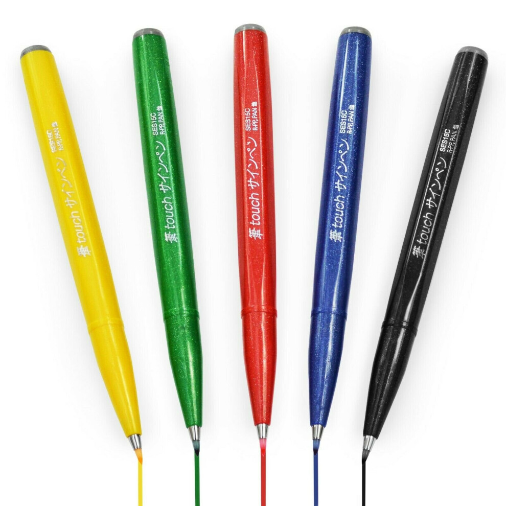 Pentel Brush Sign Pen Ses15c - Brush Nib - Fibre Tip - Basics Set Of 5