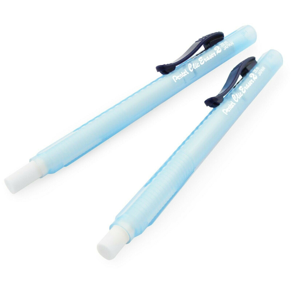 Pentel Clic Stick Eraser Rubber Holder - Blue Barrel - White Eraser - Pack of 2