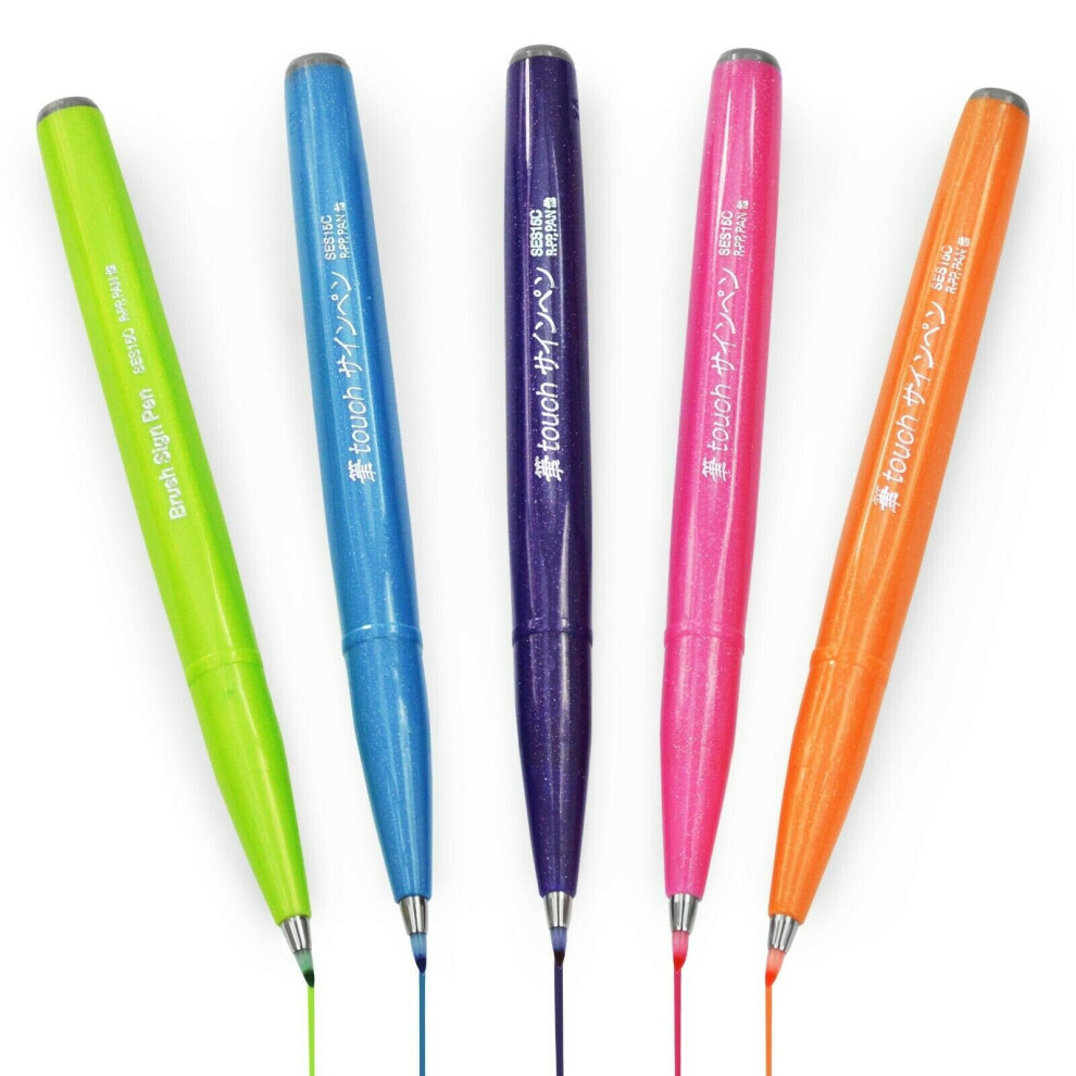 Pentel Brush Sign Pen Ses15c - Brush Nib - Fibre Tip - Tropical Set Of 5
