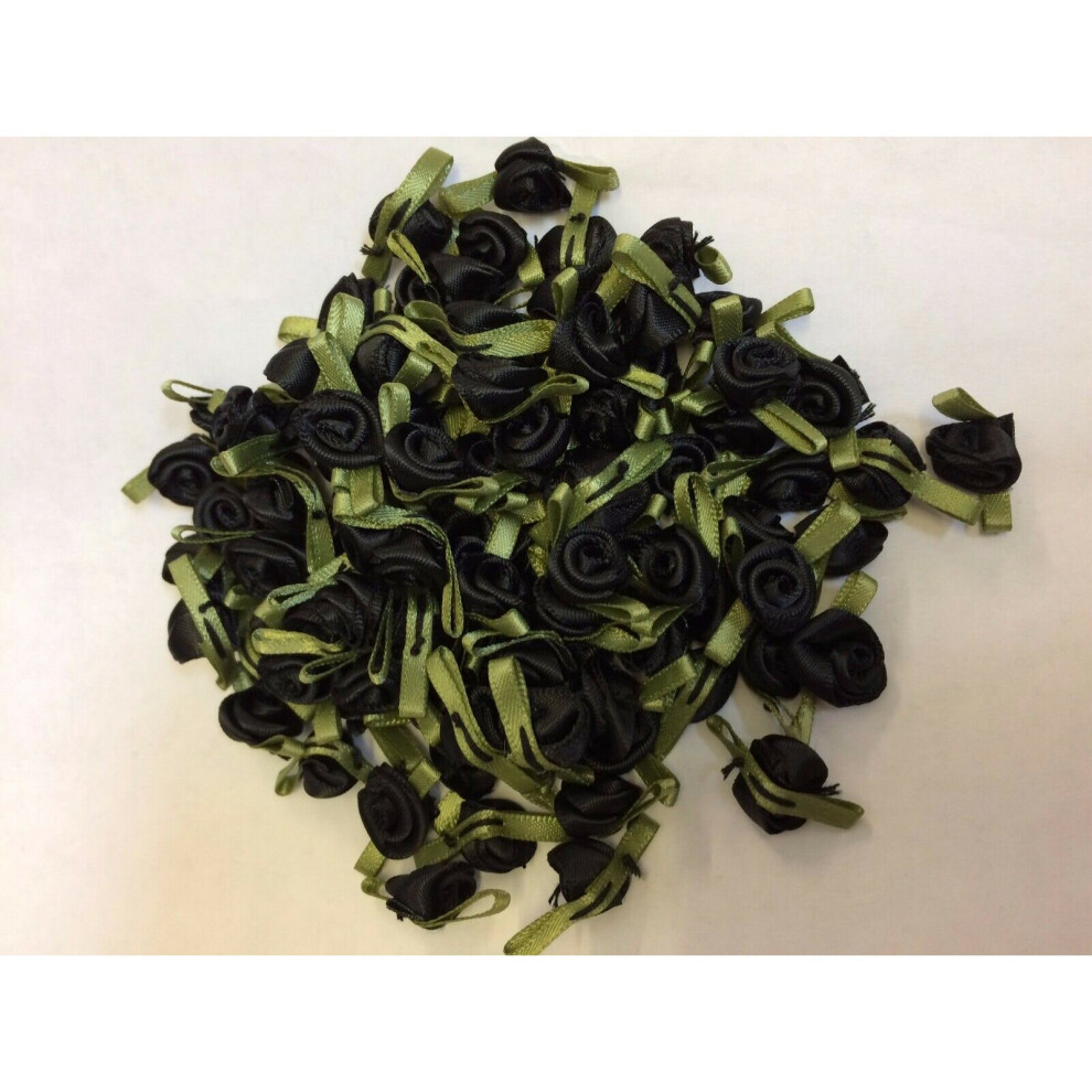 (100) Mini Small Black Satin Ribbon Rose Buds Flowers with Green Leaves