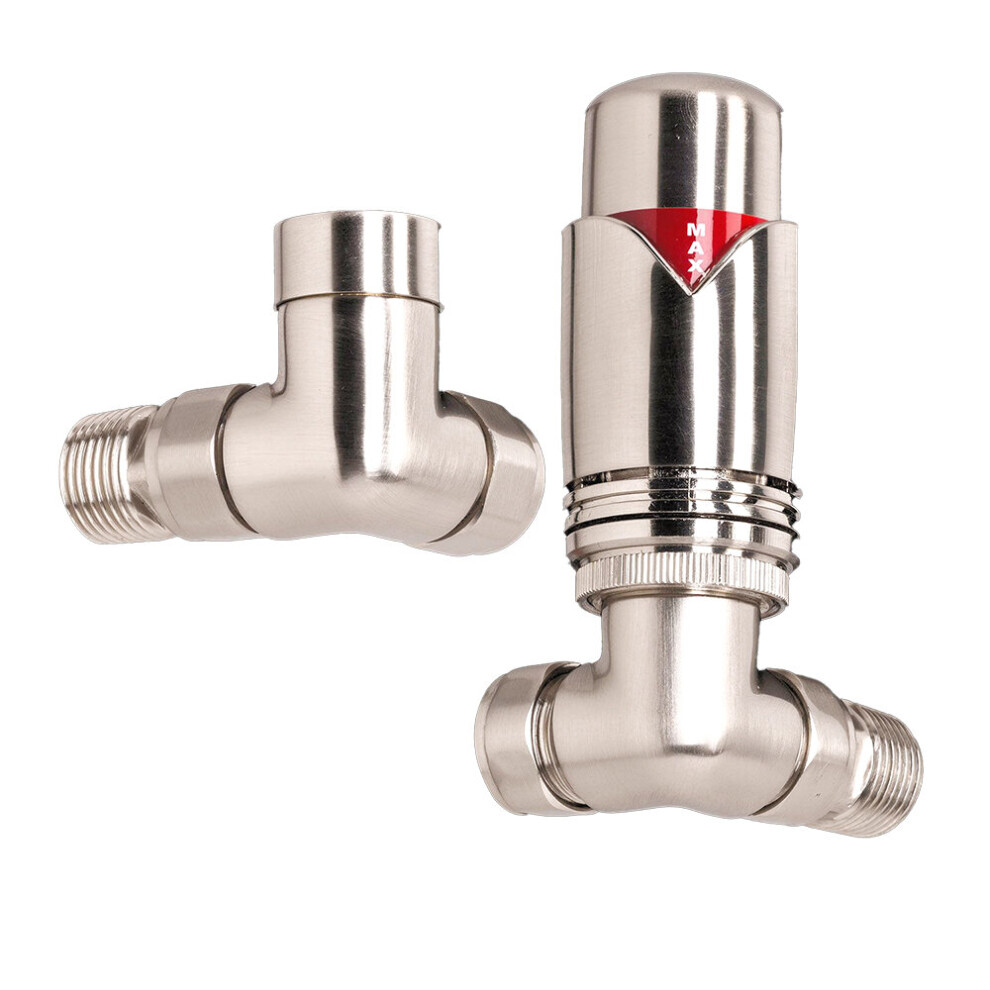 (Brushed Nickel) WarmeHaus Thermostatic TRV Brass Radiator Valves Lockshield Angled 1/2" x 15mm