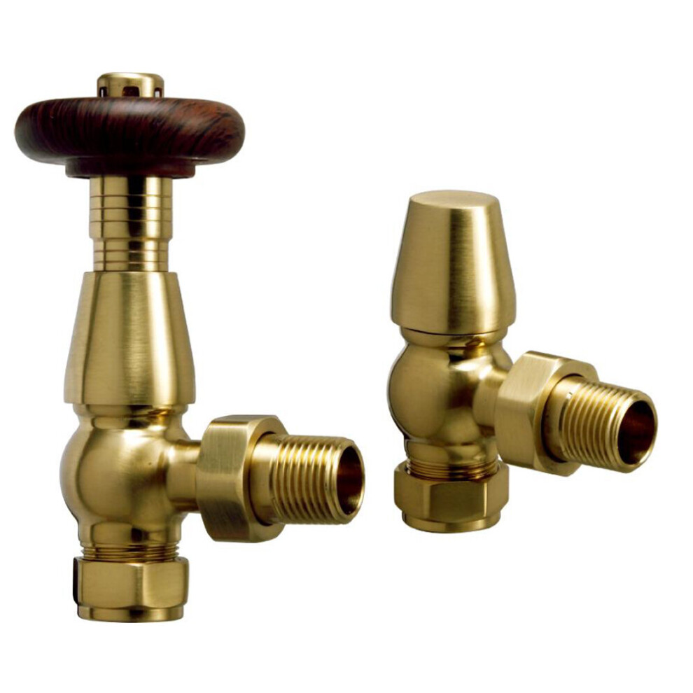 (Brushed Brass) WarmeHaus Chelsea Traditional Thermostatic Angled Radiator Valves Central Heating Towel Rail Valves 15mm TRV Pewter