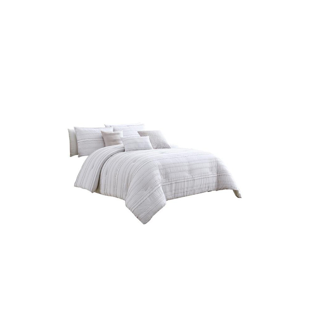 Cotton Comforter Set with Frayed Edges, White & Gray - King Size - 6 Piece