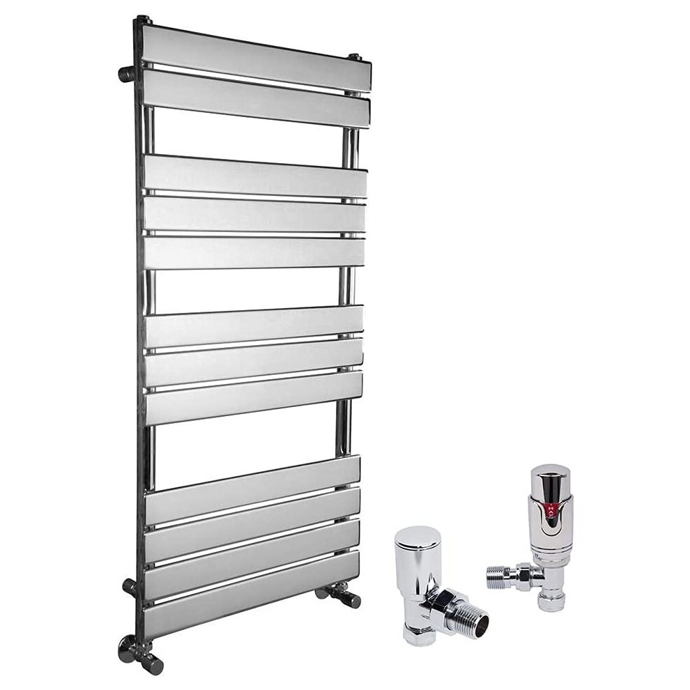 (Chrome, 1200 x 600mm) WarmeHaus Designer Bathroom Flat Panel Heated Towel Rail Radiator Ladder Rad with Angled Thermostatic Radiator Valve Pack