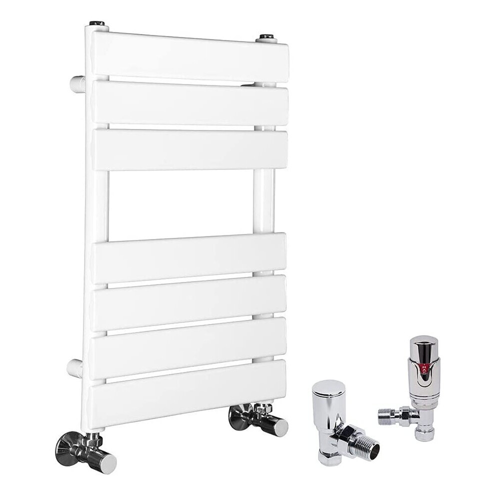 (White, 650 x 400mm) WarmeHaus Designer Bathroom Flat Panel Heated Towel Rail Radiator Ladder Rad with Angled Thermostatic Radiator Valve Pack