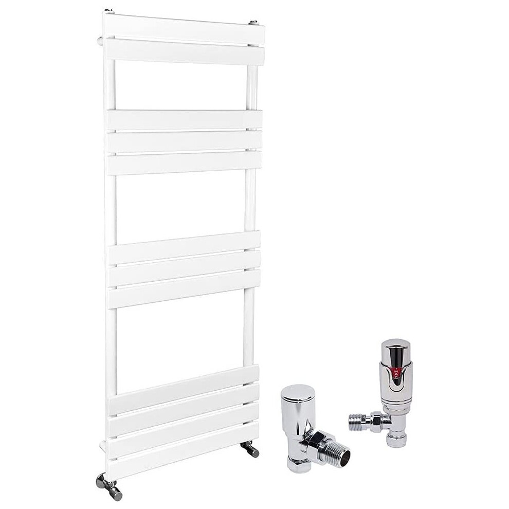 (White, 1600 x 600mm) WarmeHaus Designer Bathroom Flat Panel Heated Towel Rail Radiator Ladder Rad with Angled Thermostatic Radiator Valve Pack