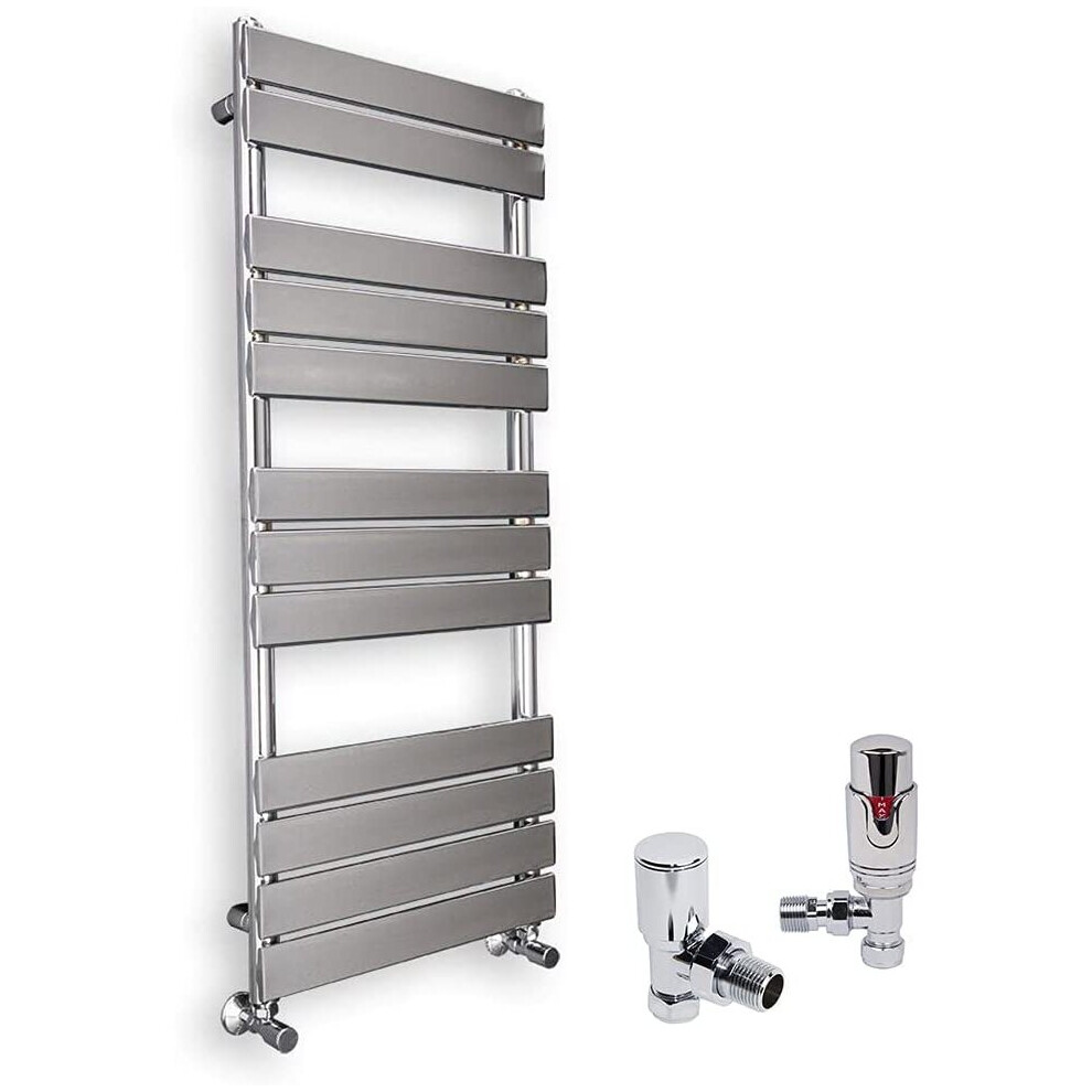 (Chrome, 1200 x 500mm) WarmeHaus Designer Bathroom Flat Panel Heated Towel Rail Radiator Ladder Rad with Angled Thermostatic Radiator Valve Pack