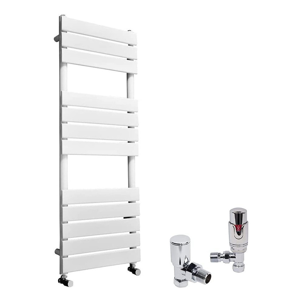 (White, 1200 x 450mm) WarmeHaus Designer Bathroom Flat Panel Heated Towel Rail Radiator Ladder Rad with Angled Thermostatic Radiator Valve Pack