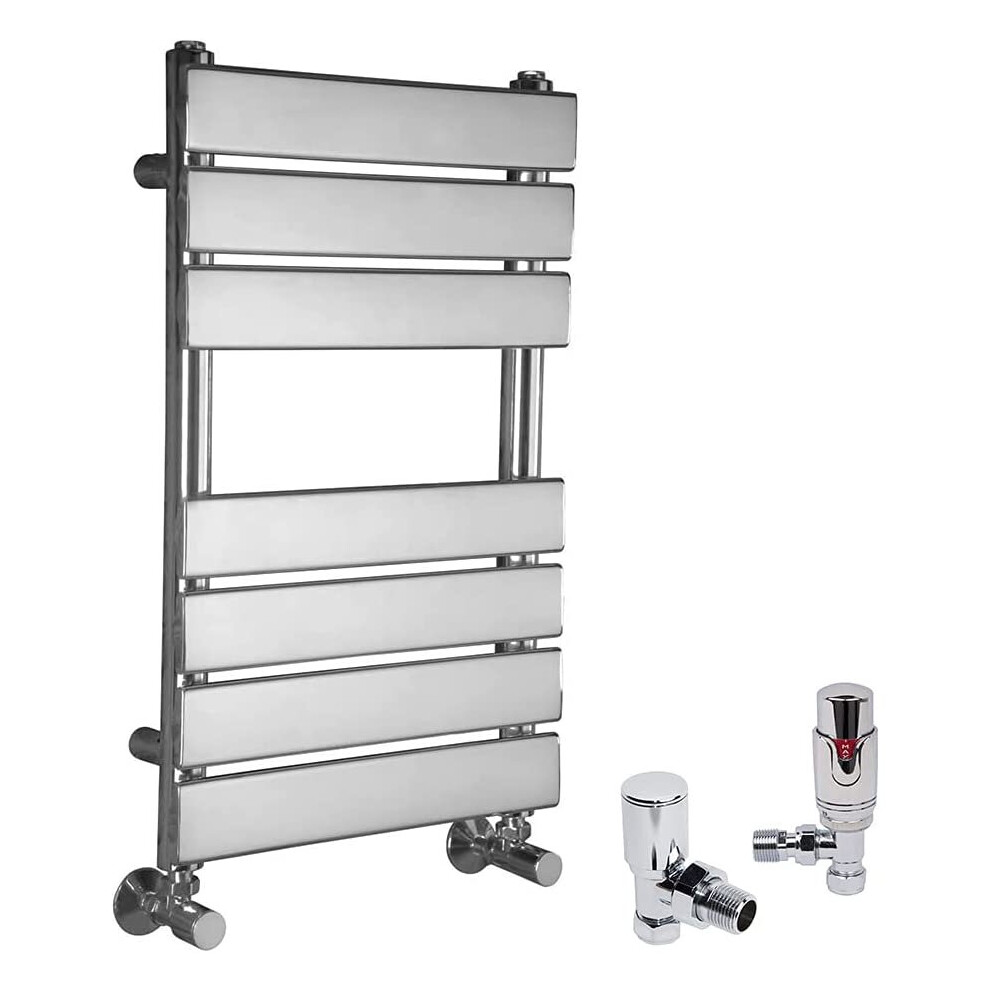 (Chrome, 650 x 400mm) WarmeHaus Designer Bathroom Flat Panel Heated Towel Rail Radiator Ladder Rad with Angled Thermostatic Radiator Valve Pack