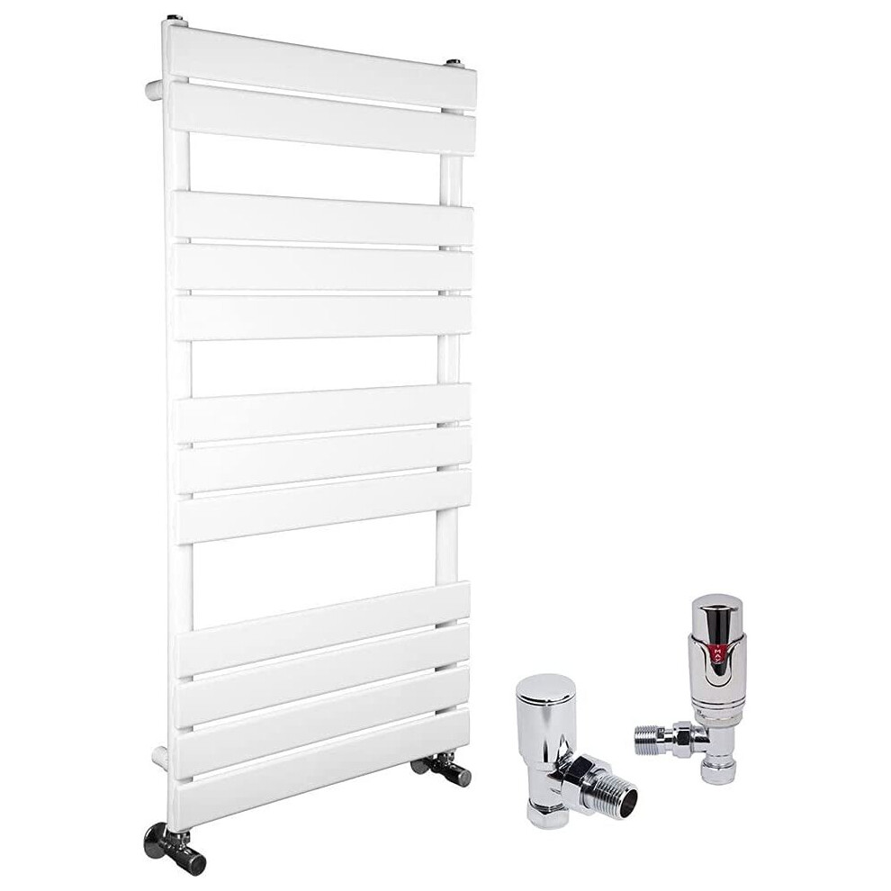 (White, 1200 x 600mm) WarmeHaus Designer Bathroom Flat Panel Heated Towel Rail Radiator Ladder Rad with Angled Thermostatic Radiator Valve Pack