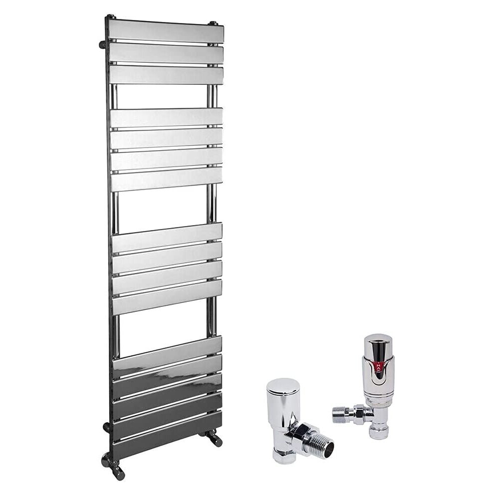 (Chrome, 1600 x 450mm) WarmeHaus Designer Bathroom Flat Panel Heated Towel Rail Radiator Ladder Rad with Angled Thermostatic Radiator Valve Pack